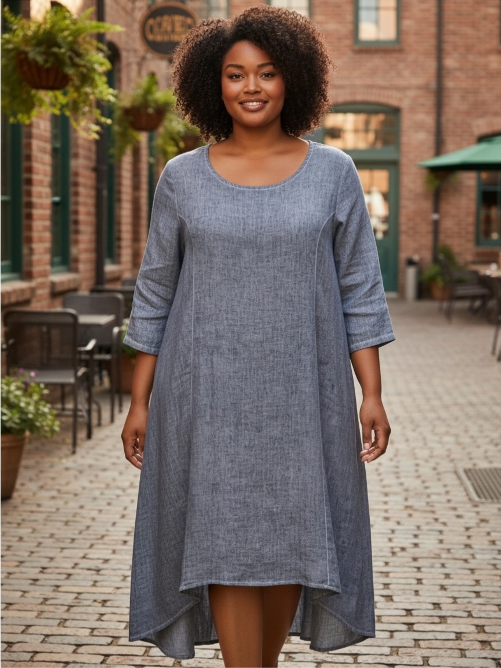 Focus Casual Life 100% Linen Marled Blue Hi-Low Dress Large NWOT